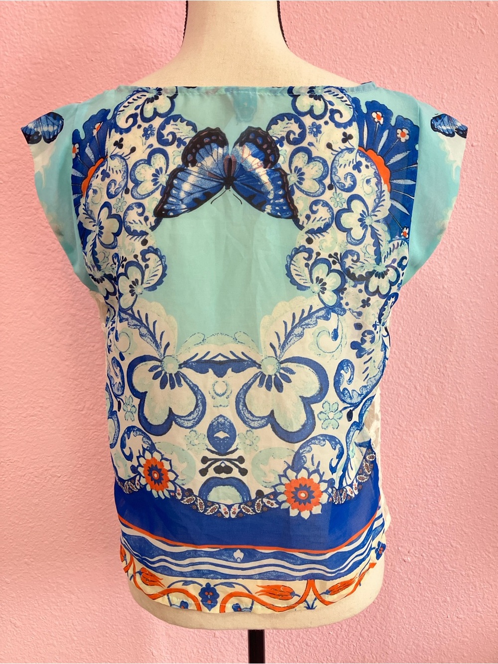 FARM Rio Aqua Blue Butterfly & Floral Sleeveless Blouse Size S - Picture 2 of 5